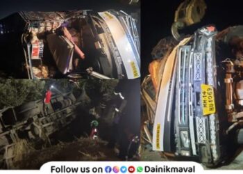 Tempo and bus accident on Mumbai Pune Expressway bus falls into 20 feet deep pit