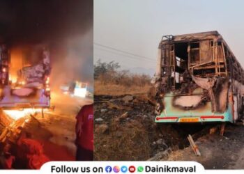 Terrible accident of a passenger bus on expressway entire bus was burnt down