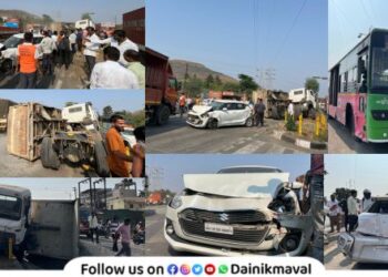 Swift car PMP bus dumper collide at Vadgaon Maval One injured huge traffic jam