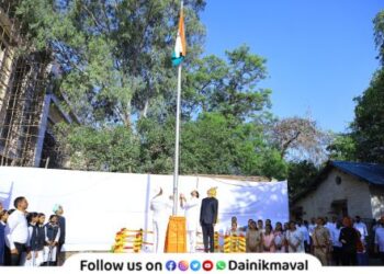 Maharashtra Day celebrated at Vadgaon Maval Tehsildar office Flag hoisted by MLA Sunil Shelke