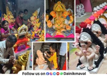 Craftsmen are busy at Ganesh idol factories in Shilimb village in Maval taluka