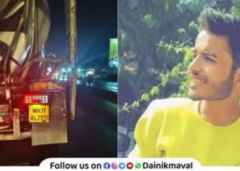 young man riding two-wheeler died after being hit by speeding cement mixer vehicle at Somatane Phata Maval