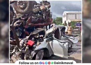 Fatal accident on Mumbai-Pune Expressway uncontrolled container hits car two dead four injured